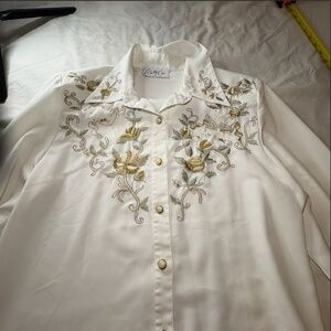 Vintage Kathy Che Blouse Womens 10P Ivory Embroidered ButtonUp Shoulder Pads Top
